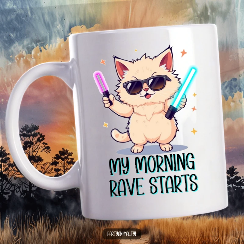 Funny cat mug with sunglasses and glow sticks dancing wildly, radiating pure party energy and hilarious joy.