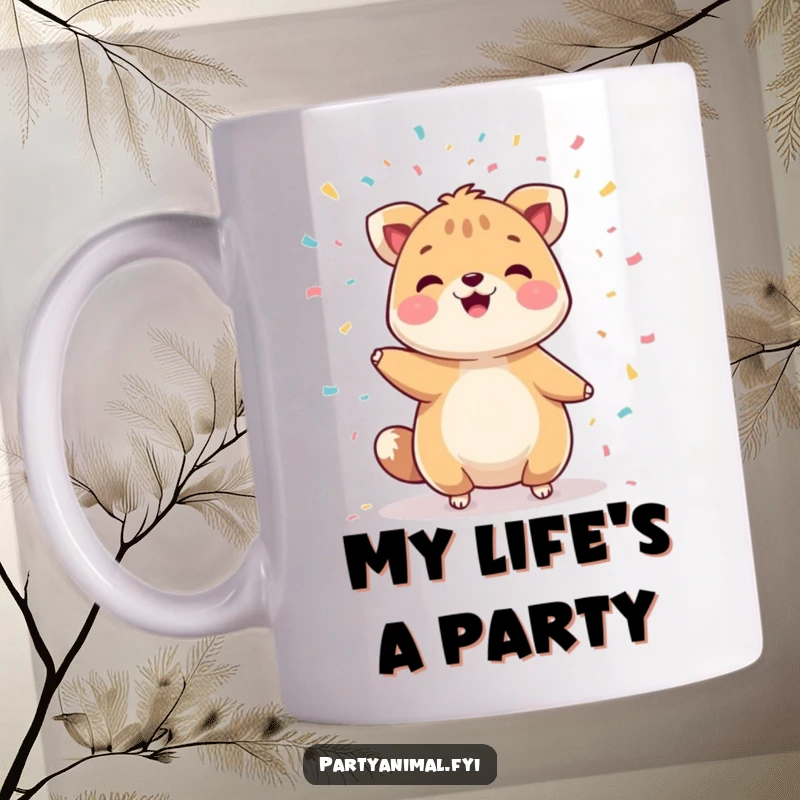 Funny mug with a cheerful animal character gleefully juggling a cascade of colorful confetti, spreading joy and laughter.