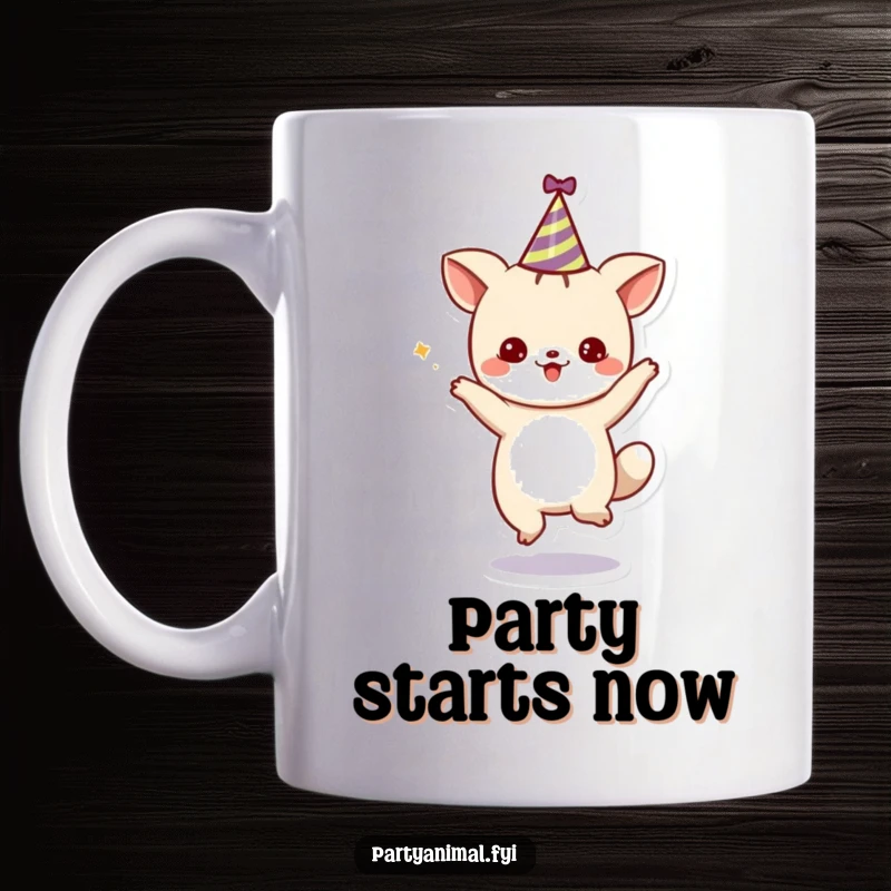 Funny Mug: A cute animal character joyfully dancing while wearing a party hat, embodying fun and festive celebration.