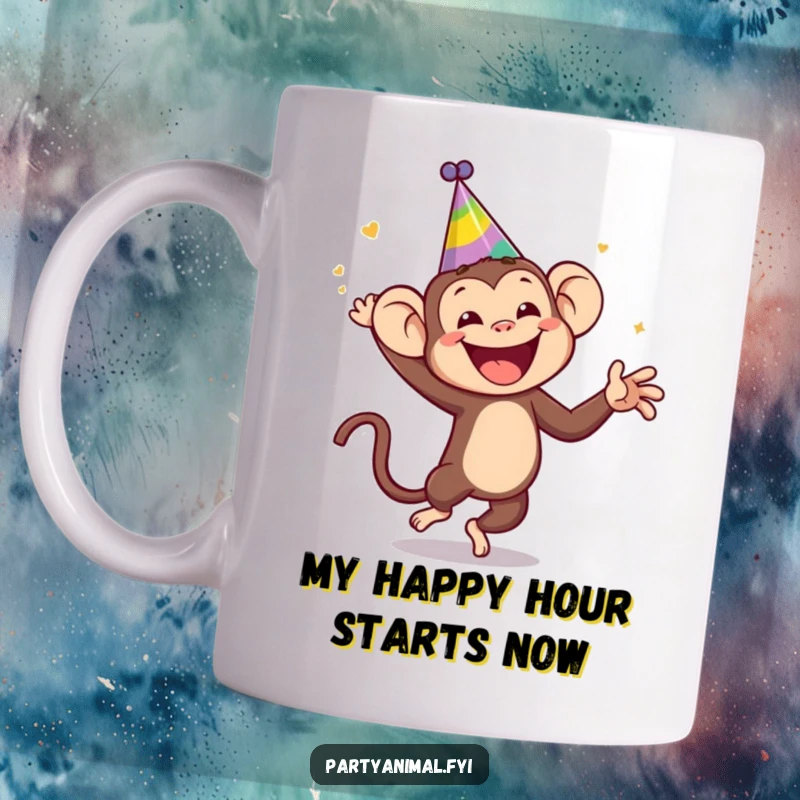 Funny monkey wearing a silly party hat, dancing wildly with pure joy on a coffee mug, great for a funny gift.