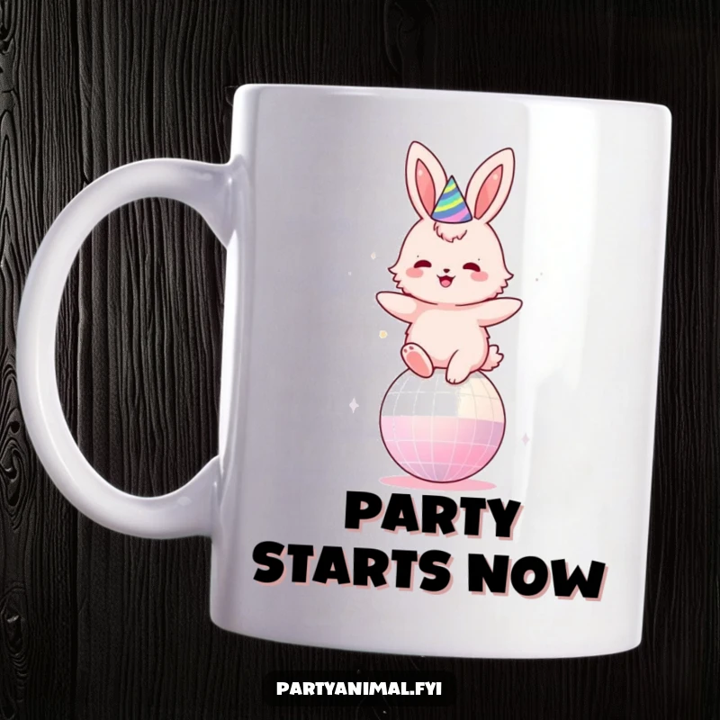 Funny mug showcasing a fluffy pink bunny in a party hat, joyfully bouncing high on a sparkling disco ball.