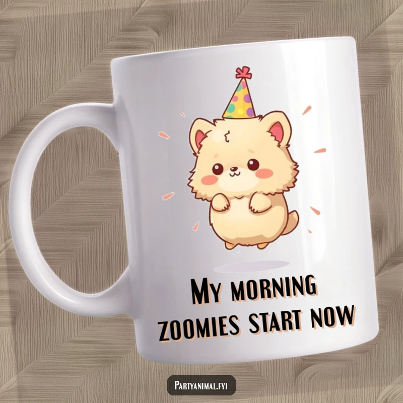 Funny Mug: A tiny, fluffy animal character in a party hat spins wildly, radiating pure, unadulterated joy and party spirit.