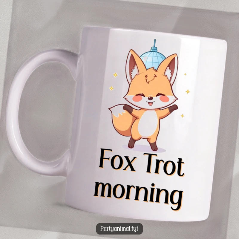 Funny mug depicting a giggling fox character dancing energetically beneath a sparkling disco mirror ball, radiating fun and party vibes.