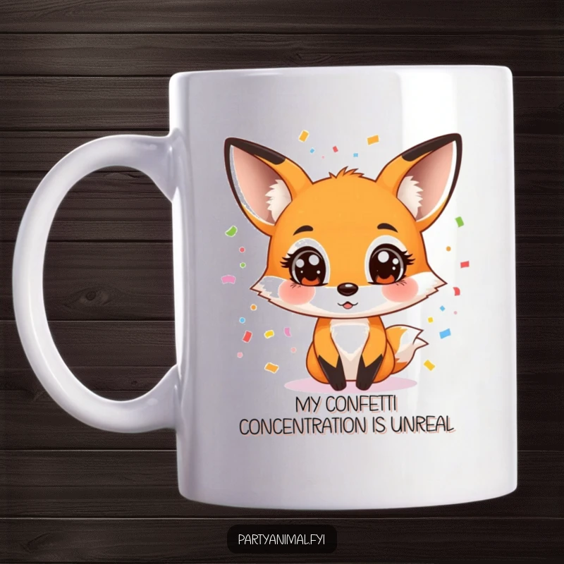 Funny mug featuring a wide-eyed fox character enthusiastically juggling colorful confetti, celebrating a moment of pure, joyful disarray.