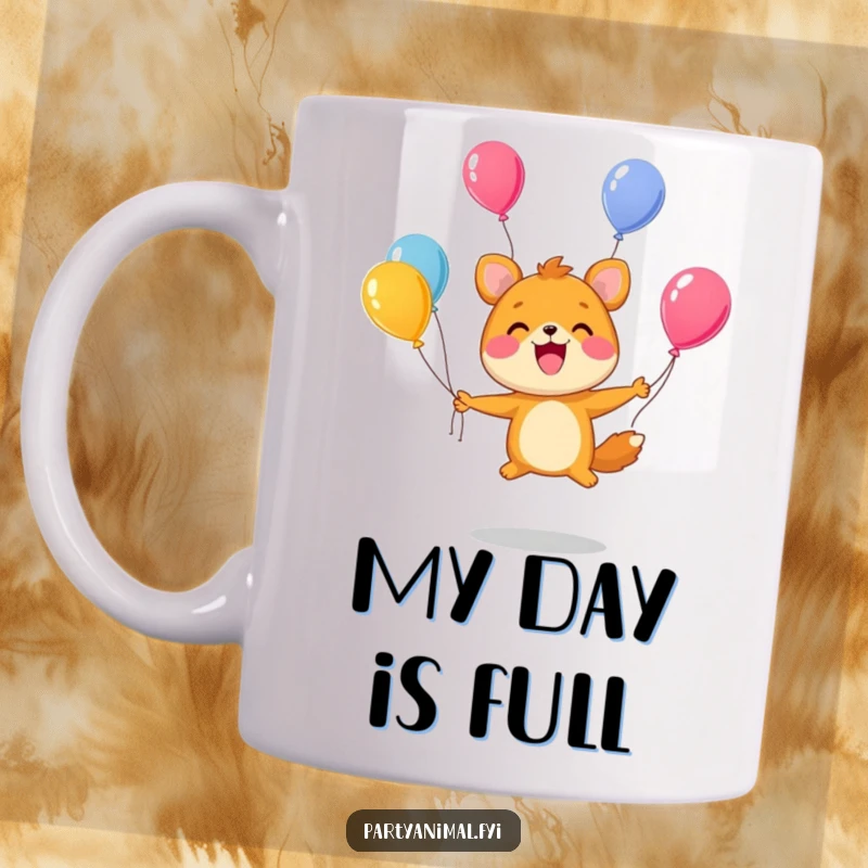 Funny Mug: A cute animal character joyfully juggles several brightly colored balloons, radiating happiness and skill.