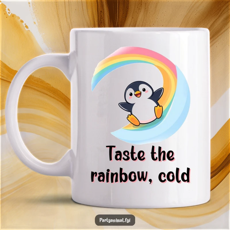 Funny Kawaii Penguin Mug: Cute penguin joyfully sliding down a vibrant rainbow slide, spreading happiness and cheer.