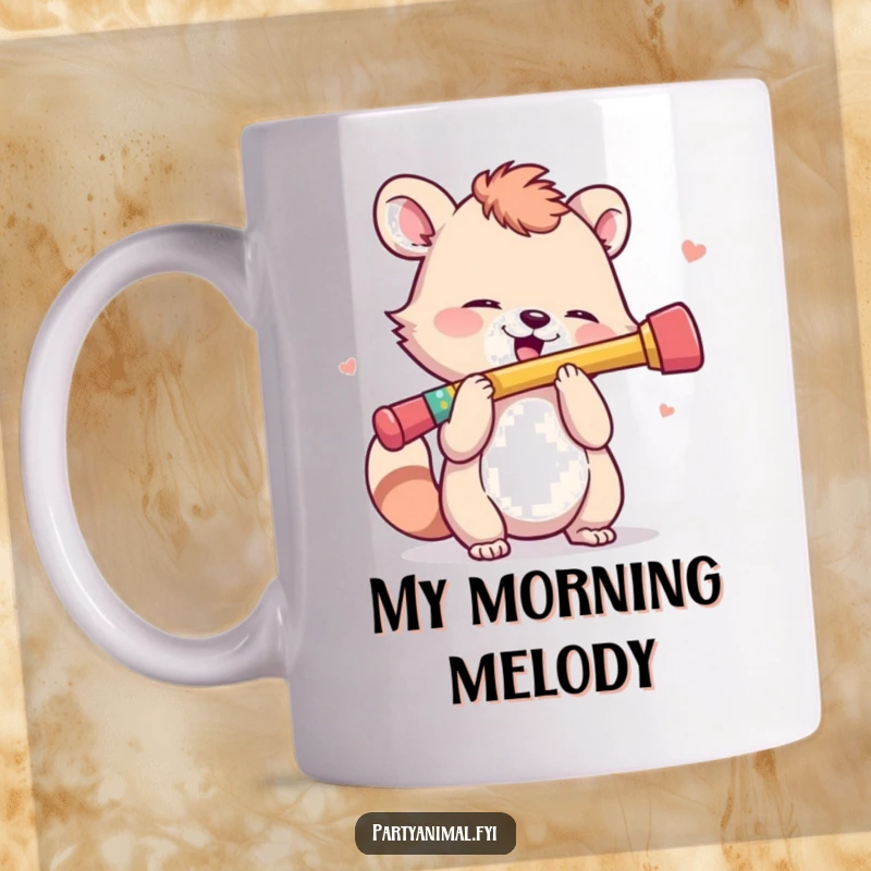 Funny Mug: An animal character joyfully plays a tiny, brightly colored kazoo with great enthusiasm.