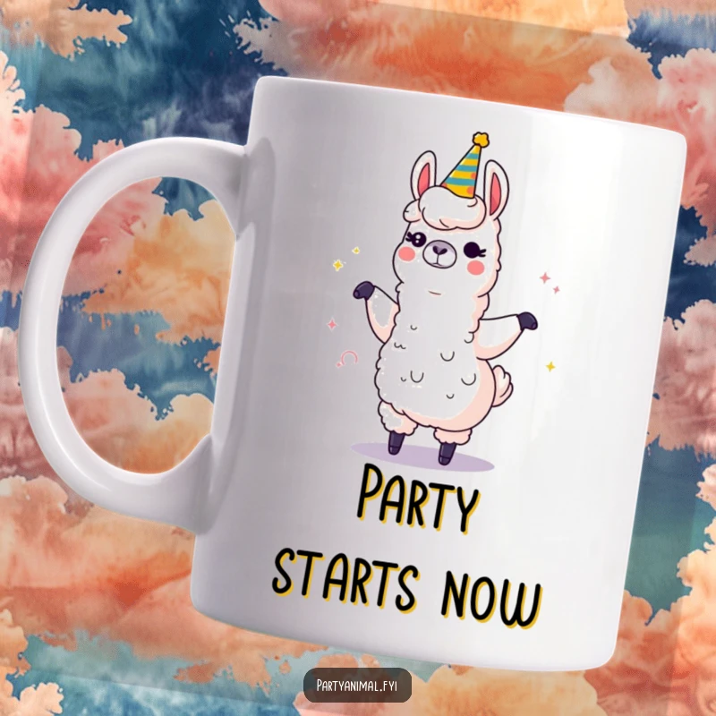 Funny mug featuring a winking llama character joyfully dancing with a giant, sparkling party horn, ready for a celebration.