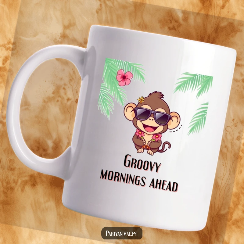 Funny joyful monkey character wearing cool sunglasses and a colorful lei on this fun mug.