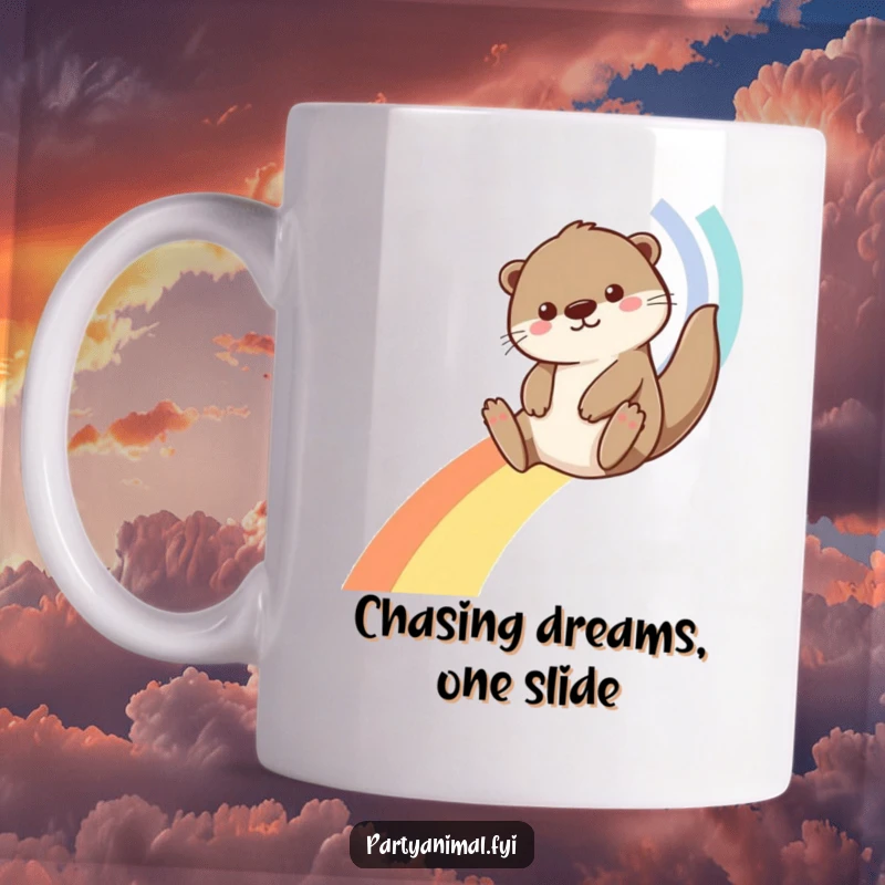 Funny Otter Mug: A playful otter slides joyfully down a vibrant rainbow made of colorful streamers, showcasing pure delight and amusement.