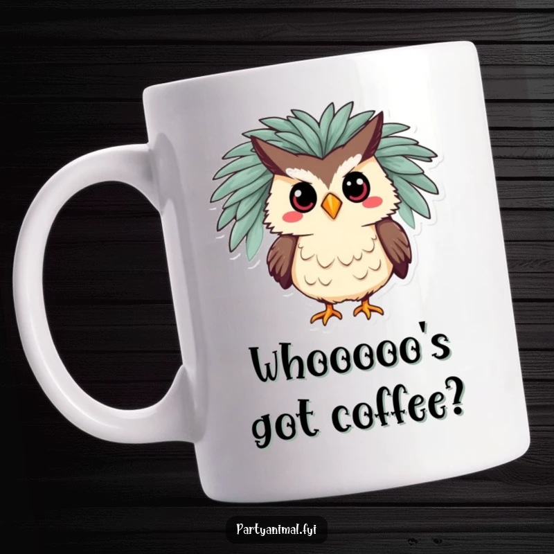 Funny mug featuring a silly owl character adorned in a vibrant feathered boa, striking a confident and glamorous pose with a wink.