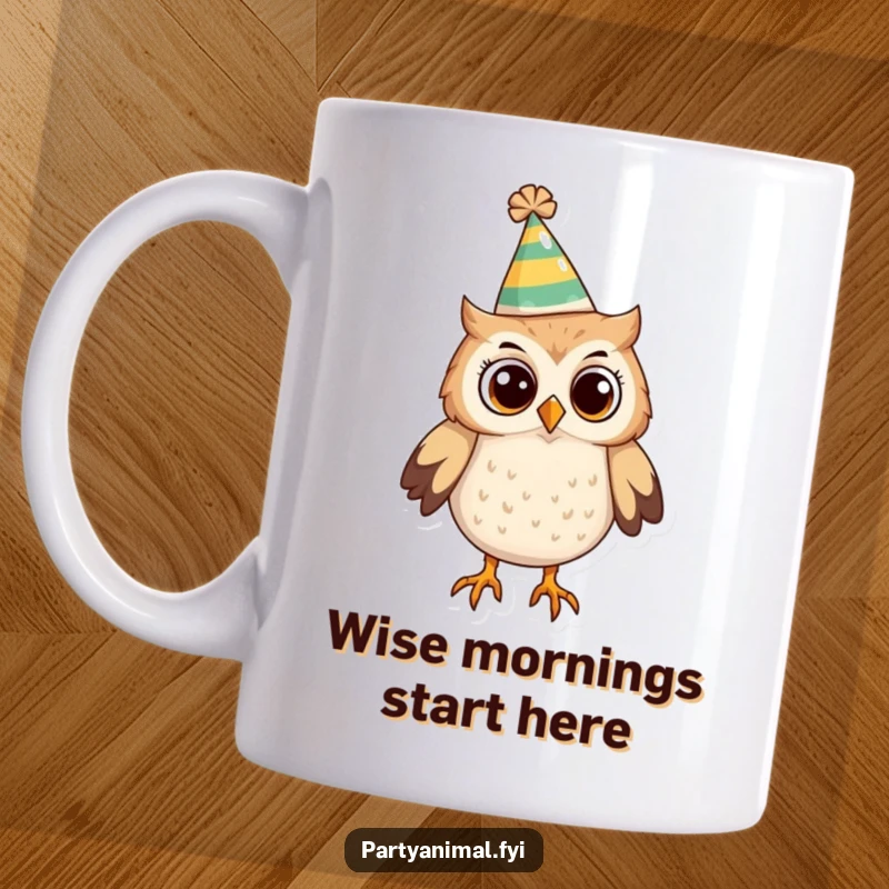 Funny Owl Mug: A curious owl with wide eyes wears a tilted party hat, looking around with playful intrigue and amusement.