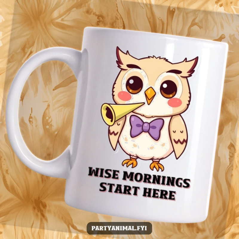 Funny Mug featuring a happy owl in a bow tie, joyfully blowing a colorful party horn.