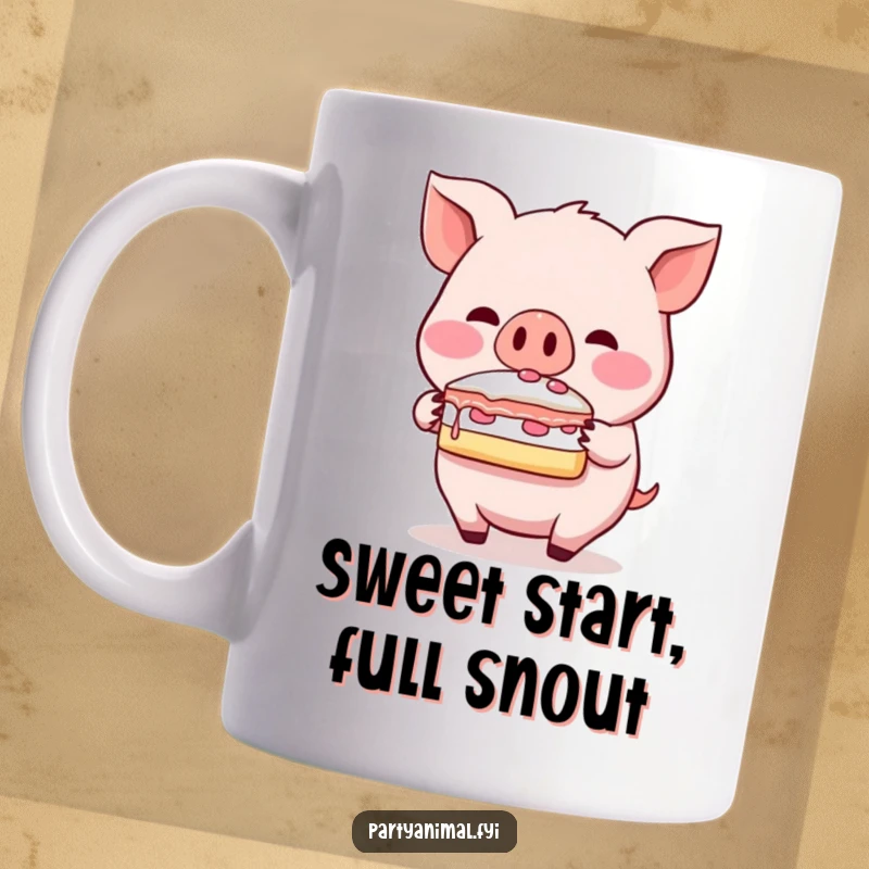 Funny pig mug, a blushing character balancing a slice of cake on its snout, looking adorable and sweet, a perfect funny gift.