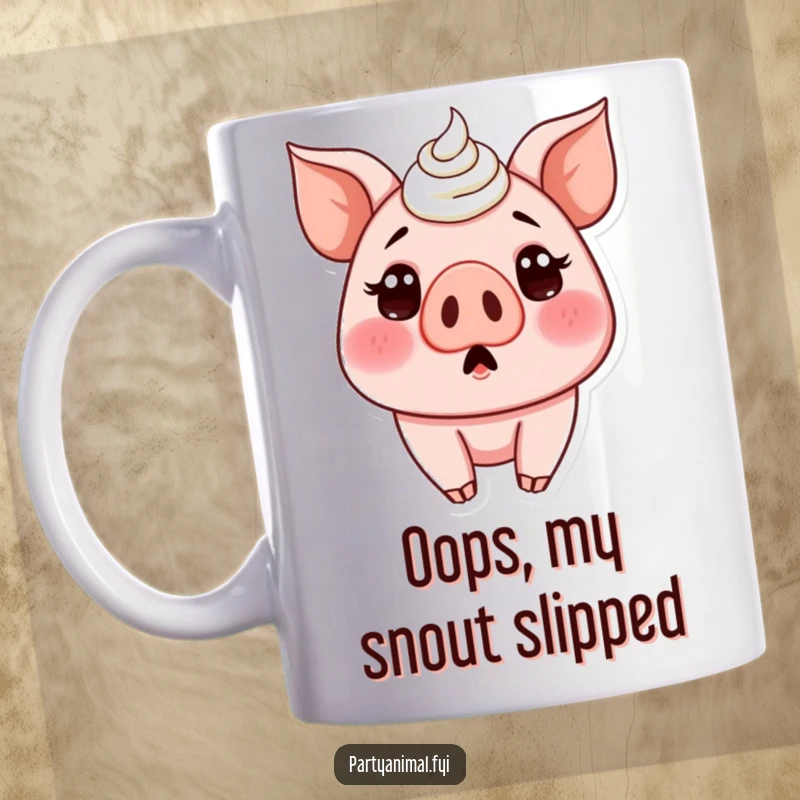 Funny mug featuring a surprised pig with cake frosting smudged all over its cute snout and nose, looking utterly bewildered.