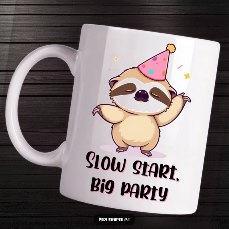 Funny mug featuring a sleepy sloth in a party hat attempting the Macarena with endearing slowness.