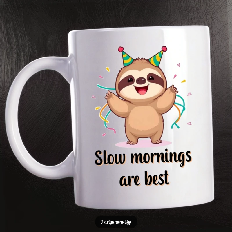 Funny happy sloth wearing party streamers, doing a slow-motion shimmy on a mug, capturing relaxed celebratory vibes, a great funny gift.