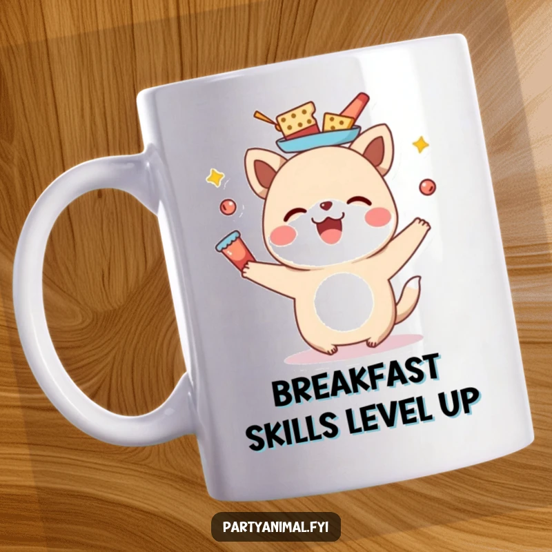 Funny joyful animal character with remarkable skill balancing various snacks precariously on its head, looking delighted.