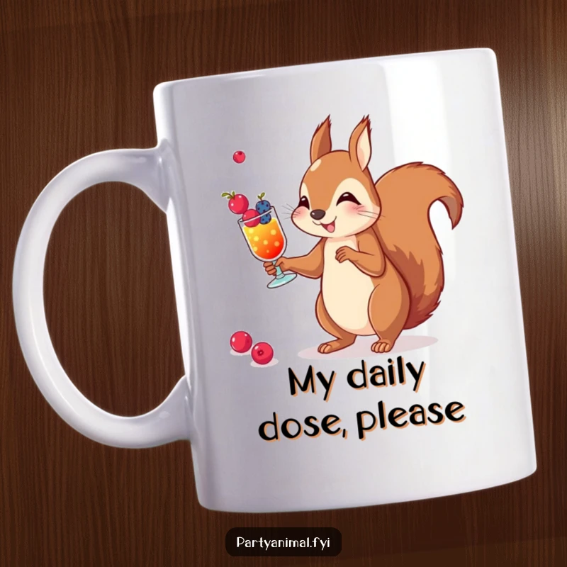 Funny mug featuring a playful squirrel expertly juggling small berry cocktails, showing off its impressive bartending skills.
