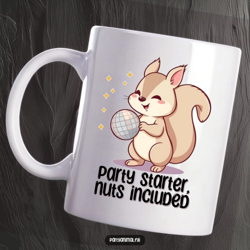 Funny mug featuring a lively squirrel energetically spinning a sparkling disco ball with its bushy tail, radiating party vibes.