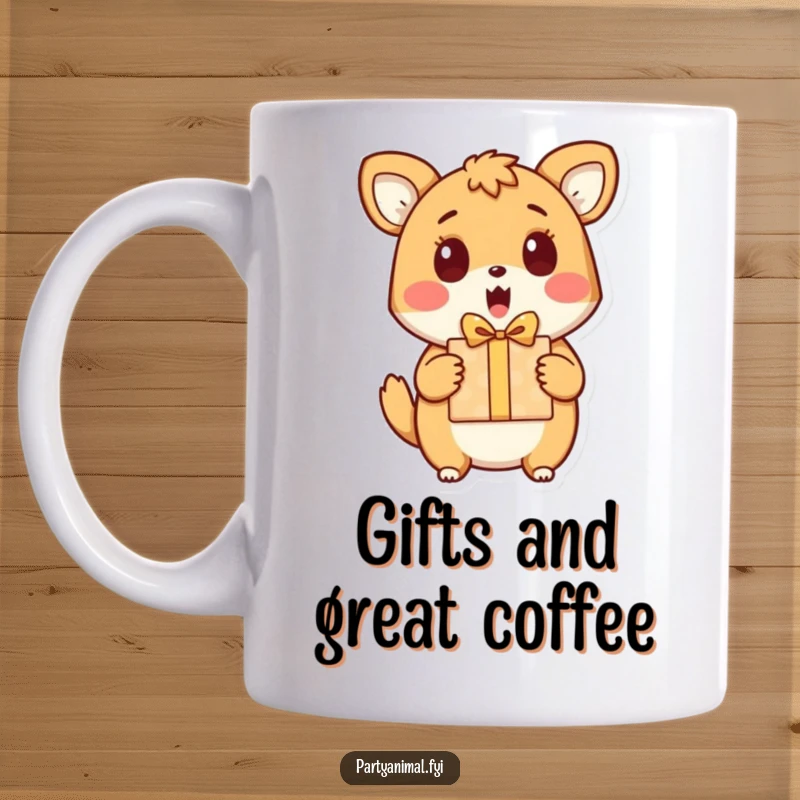 Funny mug showing a wide-eyed animal character looking utterly surprised and delighted upon receiving a gift box.