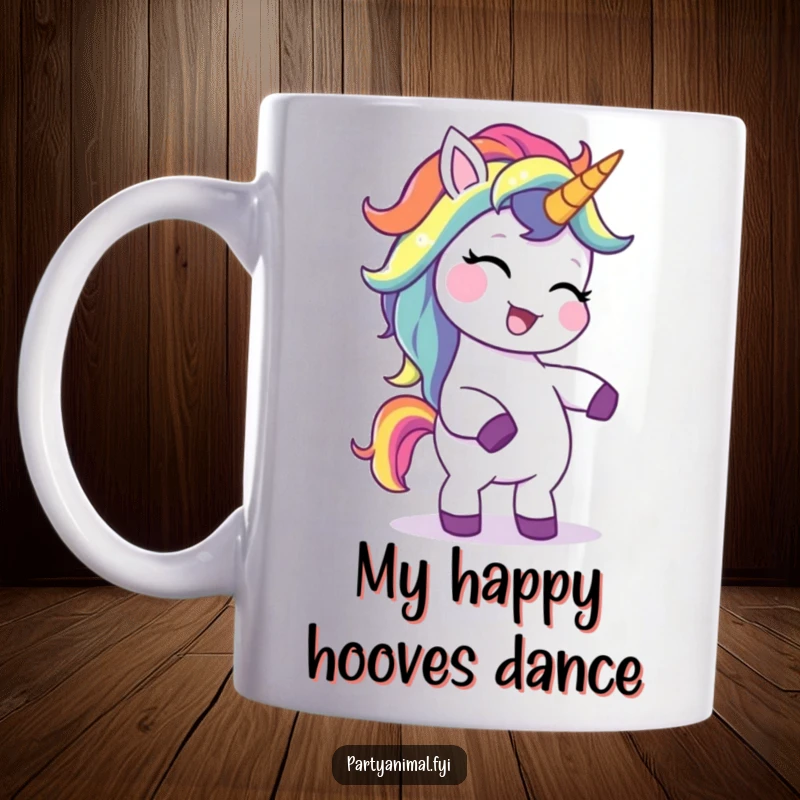 Funny unicorn mug with a giggling character, rainbow mane, doing a silly dance, spreading joy with every sip, perfect for gift-giving.