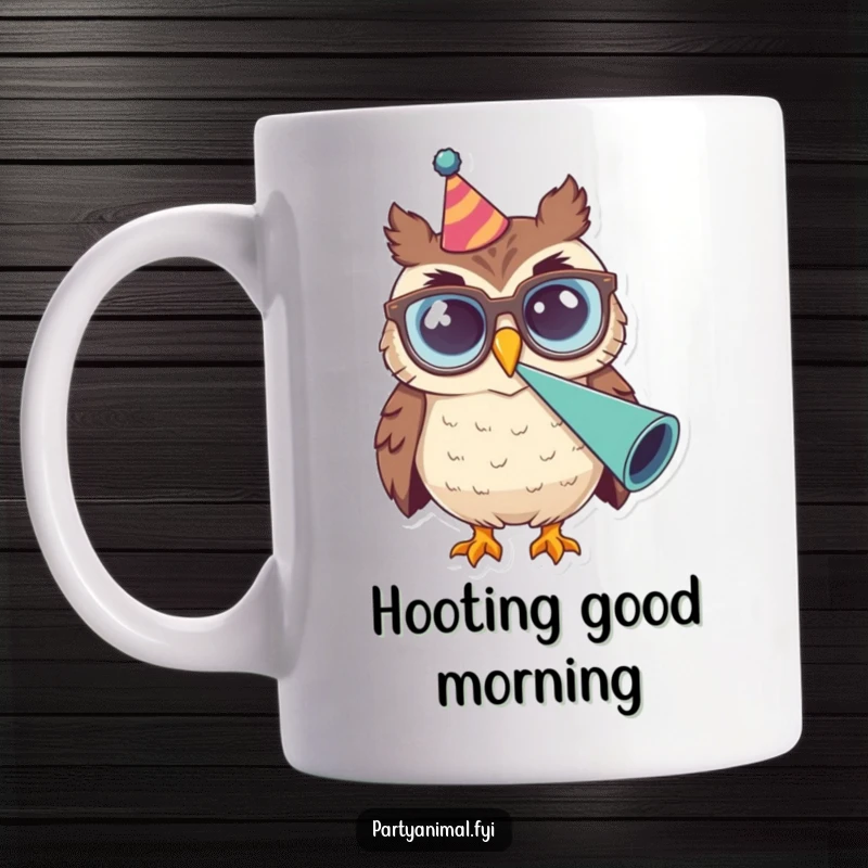 Funny Owl Glasses Party Horn Mug: A smiling owl with large glasses energetically blows a party horn, signaling a fun and festive occasion.