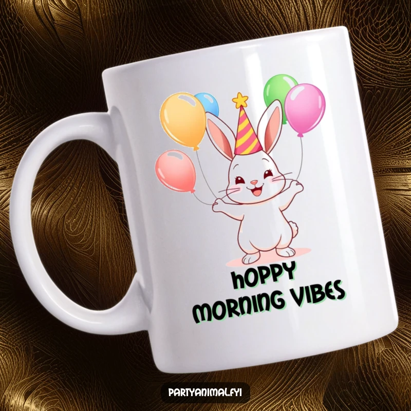 Cute, smiling bunny wearing a colorful party hat, happily juggling several brightly colored balloons, on a ceramic mug.