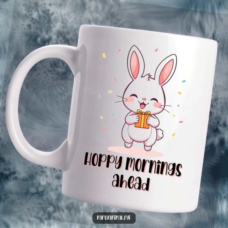 Funny Mug featuring a happy, bouncing bunny surrounded by falling confetti and holding a small gift.