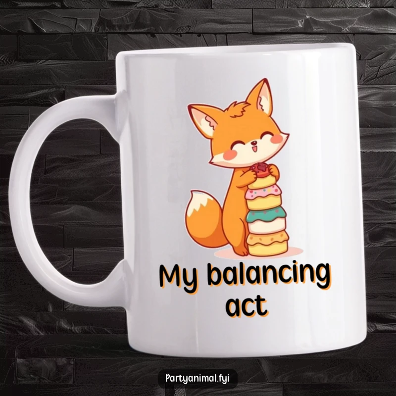 Funny mug showcasing a cute orange fox character precariously balancing a tall stack of tiny, delicious-looking cakes with a playful expression.