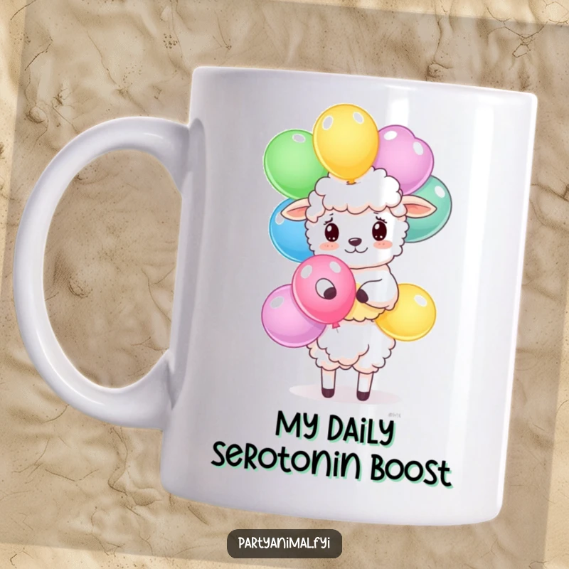 Funny sheep mug with a fluffy character precariously balancing a tall stack of colorful balloons, full of playful energy.