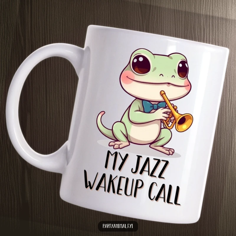 Funny mug showing a determined gecko in a tiny bow tie playing a miniature trumpet with musical flair and style.