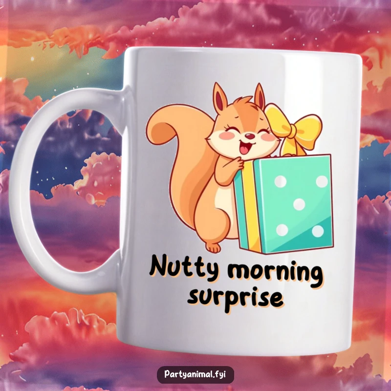 Funny mug showing an energetic squirrel character bursting with excitement while unwrapping a giant, brightly colored gift box.