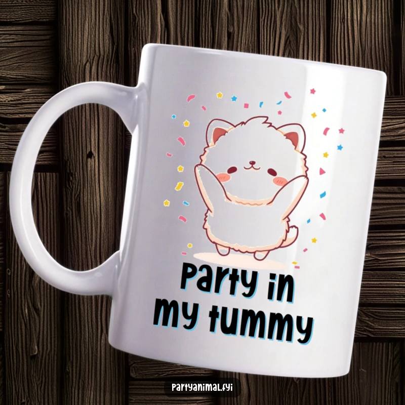 Funny fluffy animal character joyfully throwing colorful confetti on a mug, radiating pure happiness and celebratory cheer.