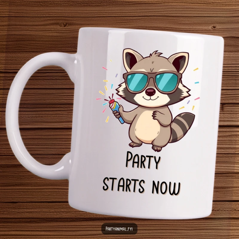 Funny mug featuring a mischievous raccoon wearing cool sunglasses and holding a confetti popper, ready to celebrate.