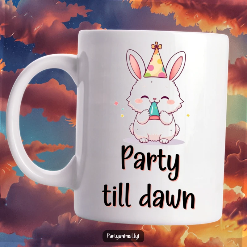Funny mug depicting a fluffy bunny in a party hat joyfully blowing a noisemaker, radiating pure celebratory excitement and humor.