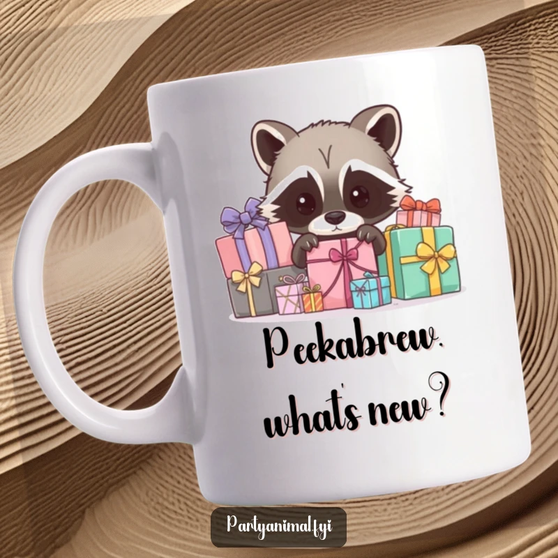 Funny raccoon mug, a curious character peeking from behind a pile of wrapped gifts, looking mischievous, perfect for a funny gift.