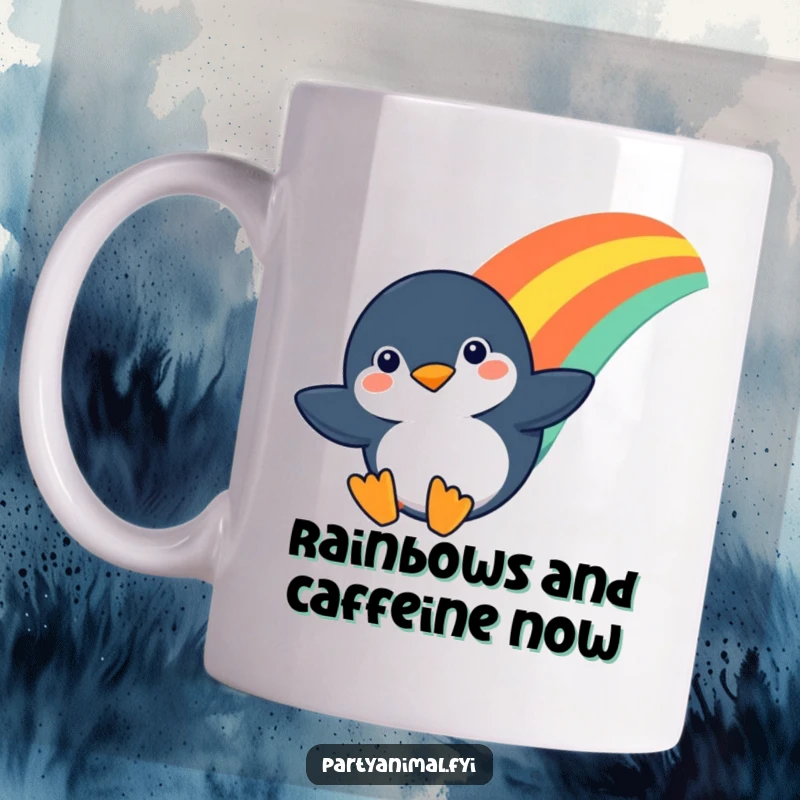 Funny mug featuring a determined penguin character joyfully sliding down a vibrant rainbow with a confident grin.