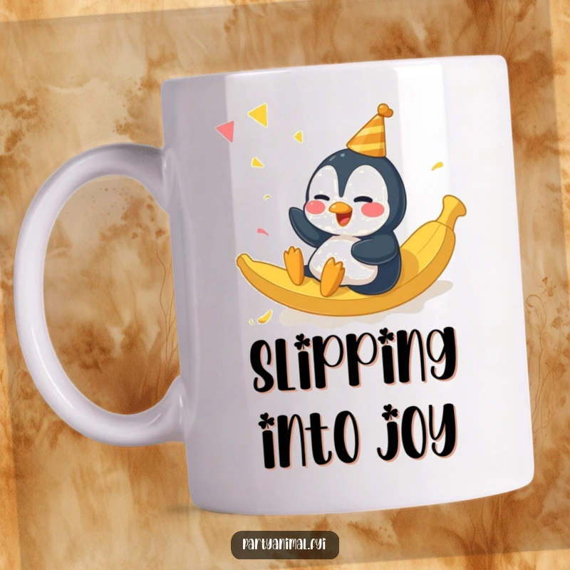 Funny giggling penguin character comically sliding on a banana peel at a lively party on this mug.