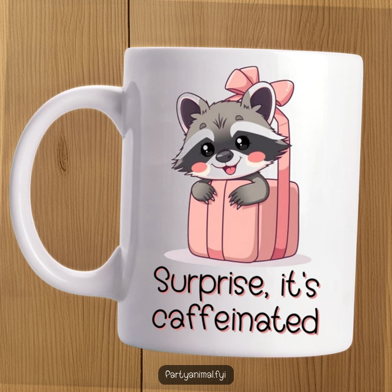 Funny raccoon mug featuring a giggling raccoon peeking playfully from behind a giant, unwrapped gift, full of curiosity.