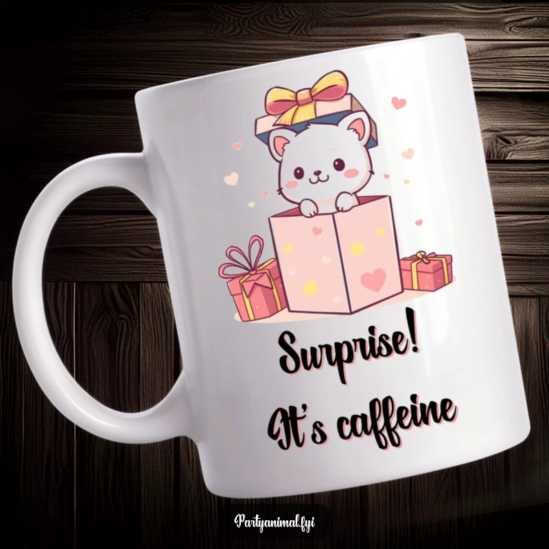 Funny Mug: A small animal character bursts enthusiastically out of a brightly decorated, festive gift box.