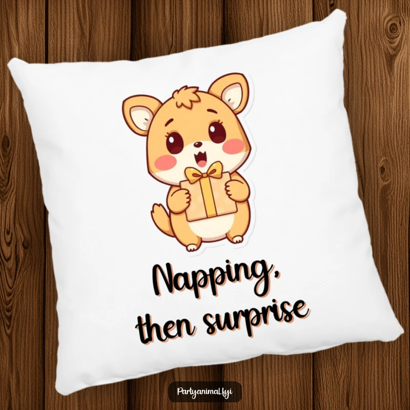 Funny pillow featuring an animal character looking comically surprised and excited to receive a gift.