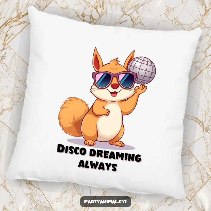 Funny squirrel pillow with a cool squirrel in sunglasses holding a disco ball, perfect for groovy relaxation.