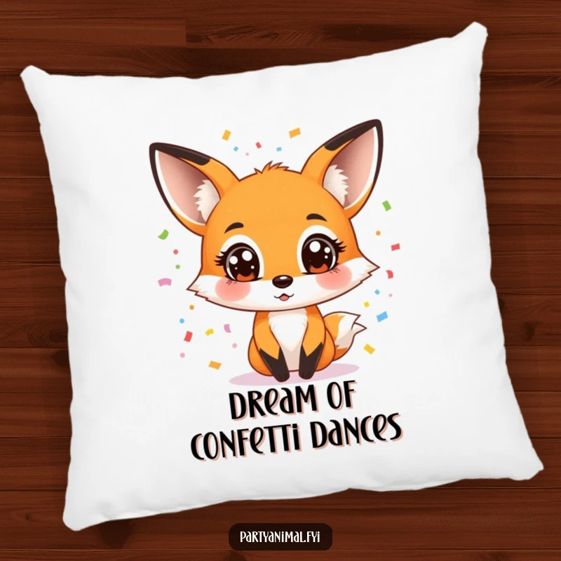 Funny pillow with a wide-eyed fox character in the act of juggling vibrant, scattered confetti, bringing a cozy, playful vibe.