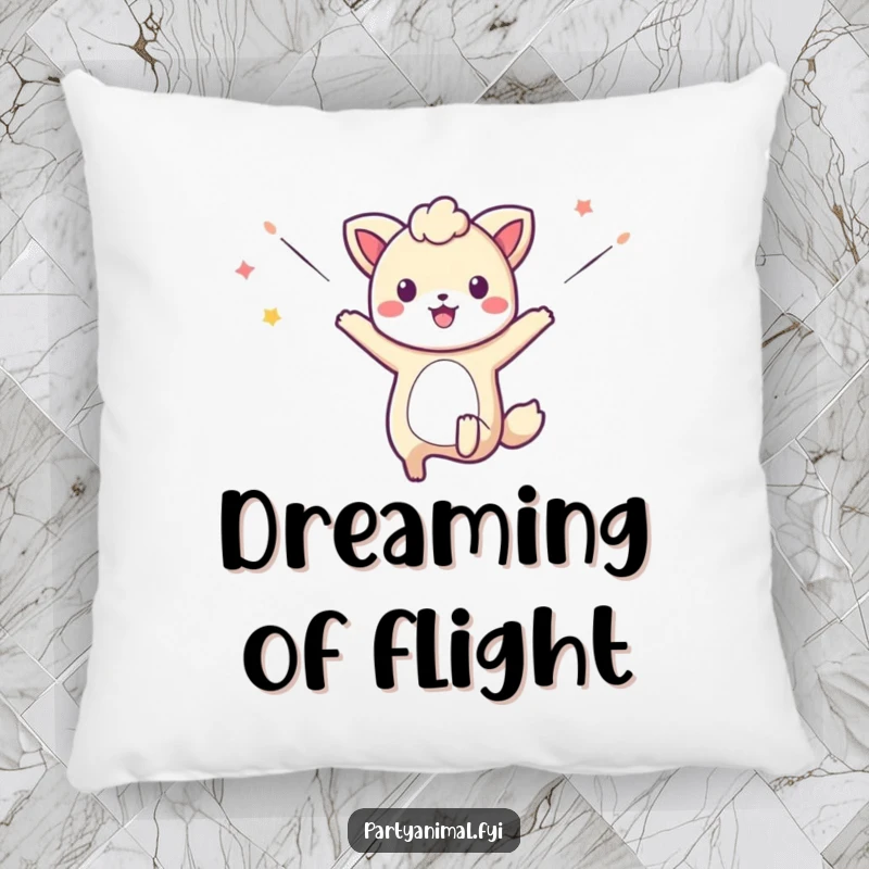 Funny pillow featuring a happy animal character leaping joyfully, adorned with a cascade of colorful, flowing streamers.