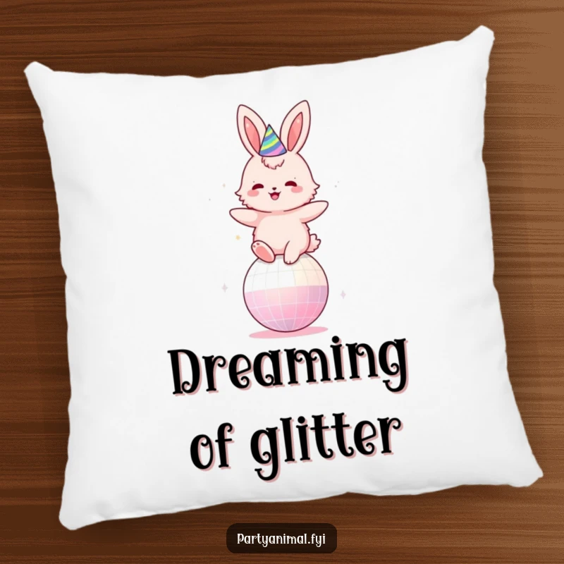 Funny pillow depicting a fluffy pink bunny in a party hat, joyfully bouncing on a disco ball, a symbol of celebration.