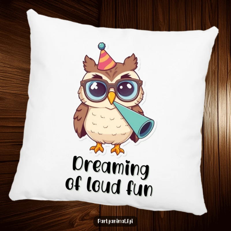 Funny Owl Glasses Party Horn Pillow: A smiling owl wearing large glasses is depicted blowing a party horn, adding a touch of cozy, studious fun.