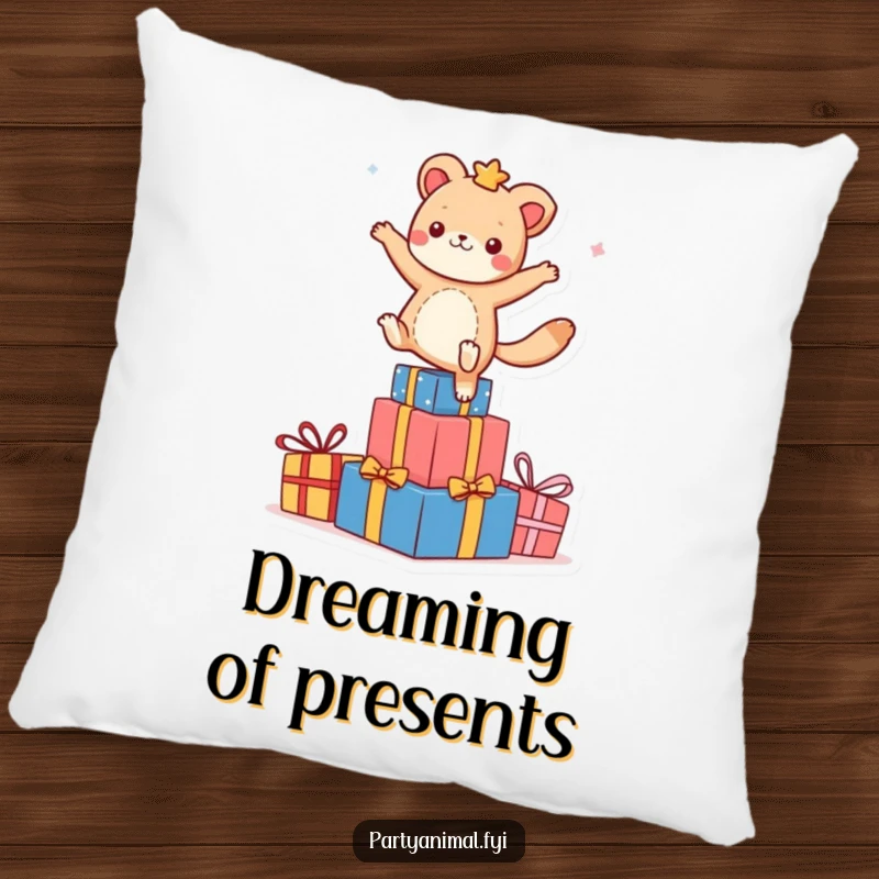 Soft funny pillow with an animal character dancing on colorful presents, providing comfort and a dose of pure celebratory happiness.