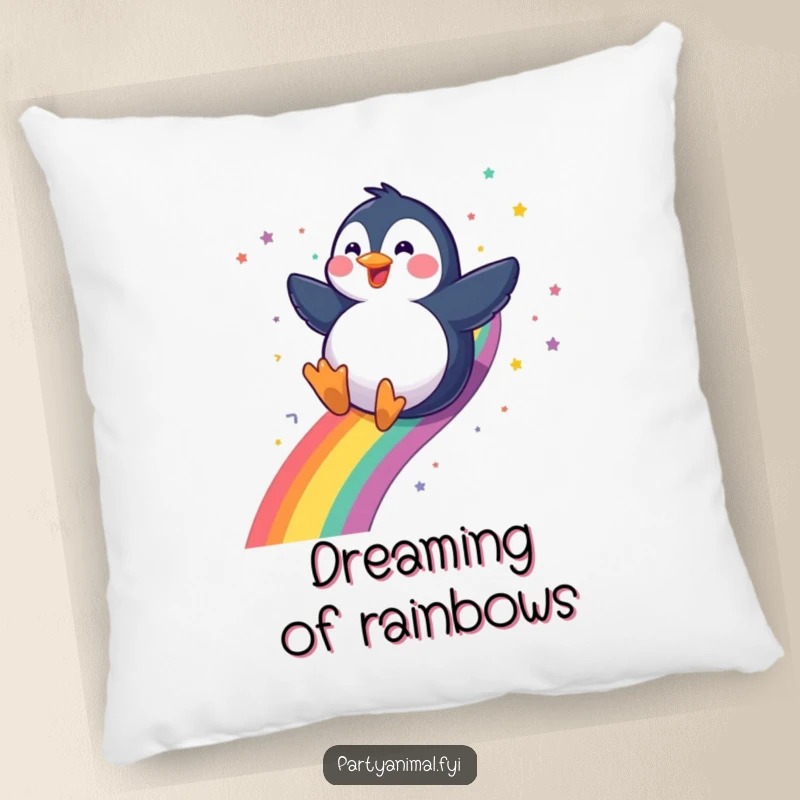 Funny gleeful penguin sliding down a rainbow with a confetti trail on a pillow, offering plush comfort and whimsical charm, a perfect funny gift.