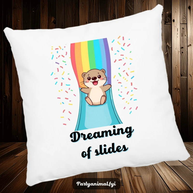 Funny pillow showcasing a happy otter character sliding down a vibrant rainbow confetti slide, offering comfort and a dose of playful cheer.